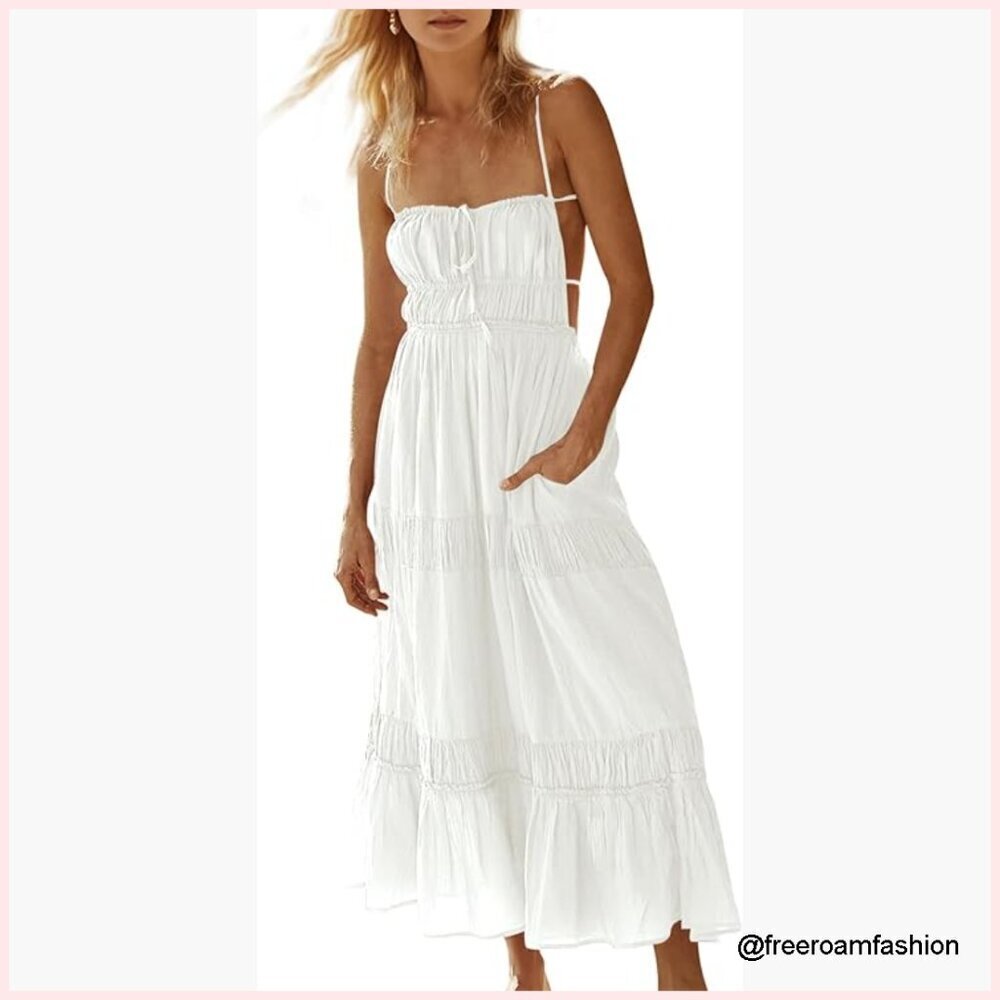 Summer Maxi Dress with Pockets, Backless, Tiered, Spaghetti Straps, Self Tie